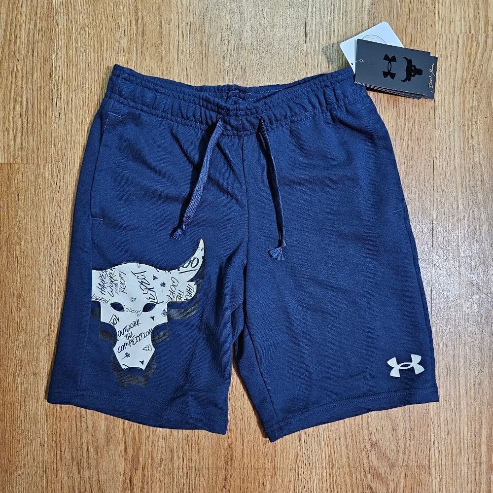Under Armour Project Rock Shorts French Terry Fleece Navy Blue White Boys M 8-10